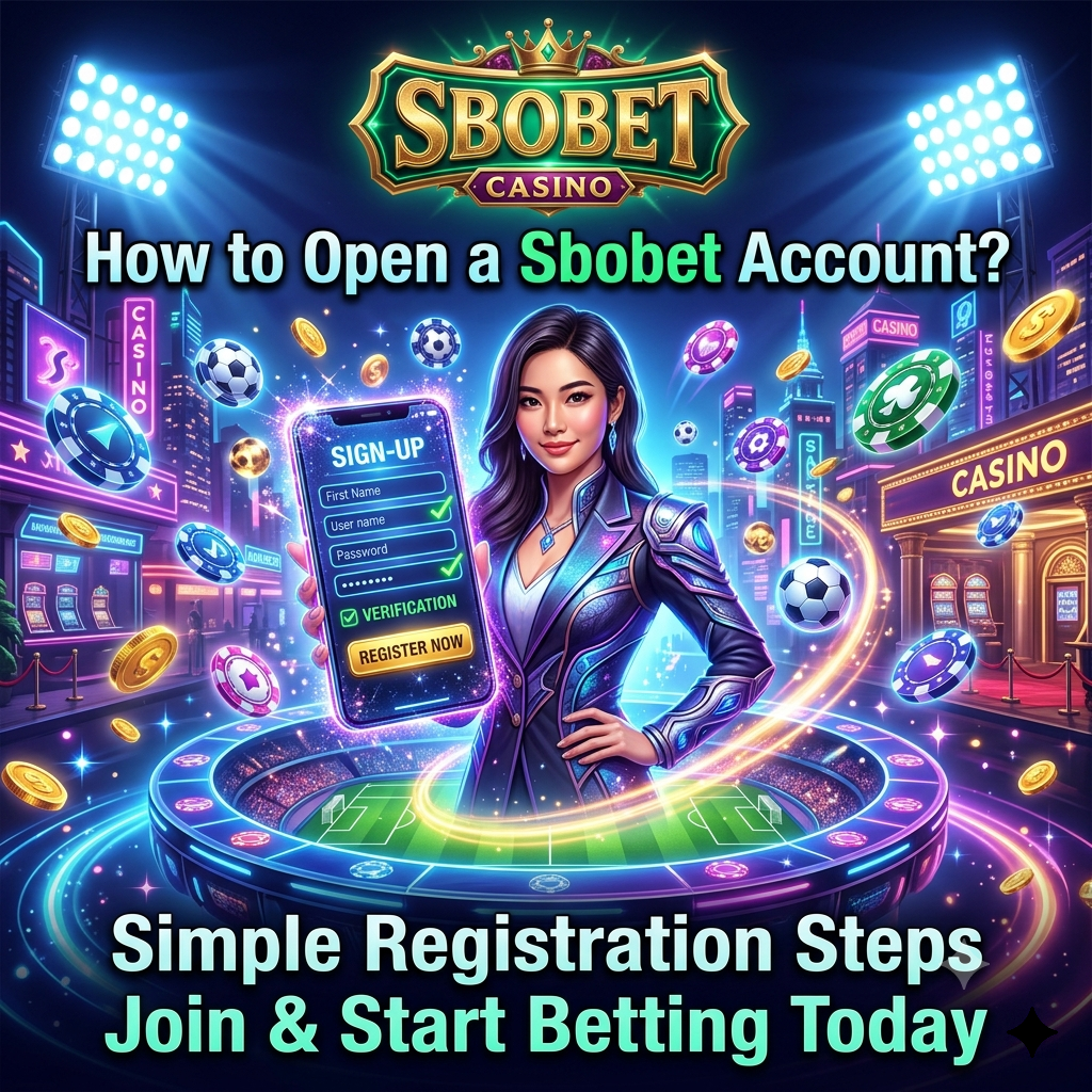 Fantasy cyber casino themed square promotional image featuring an Asian female presenter demonstrating how to open a Sbobet account on a glowing smartphone, surrounded by vibrant neon football and casino elements, bold readable typography, and a gold Sbobet logo to guide users through online betting registration.

