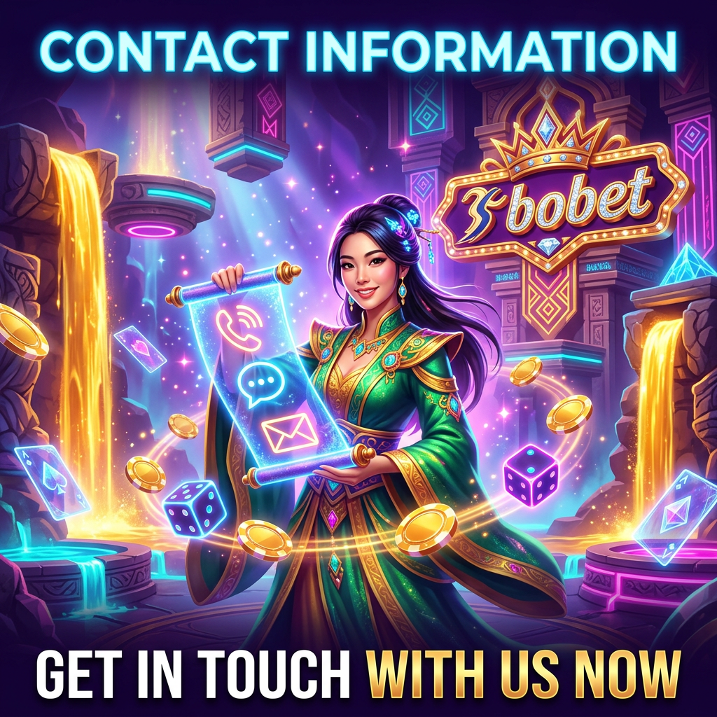 An eye-catching fantasy casino themed contact information banner featuring a beautiful Asian female presenter holding a glowing holographic scroll with contact icons, alongside a sparkling Sbobet logo and bold, readable typography.