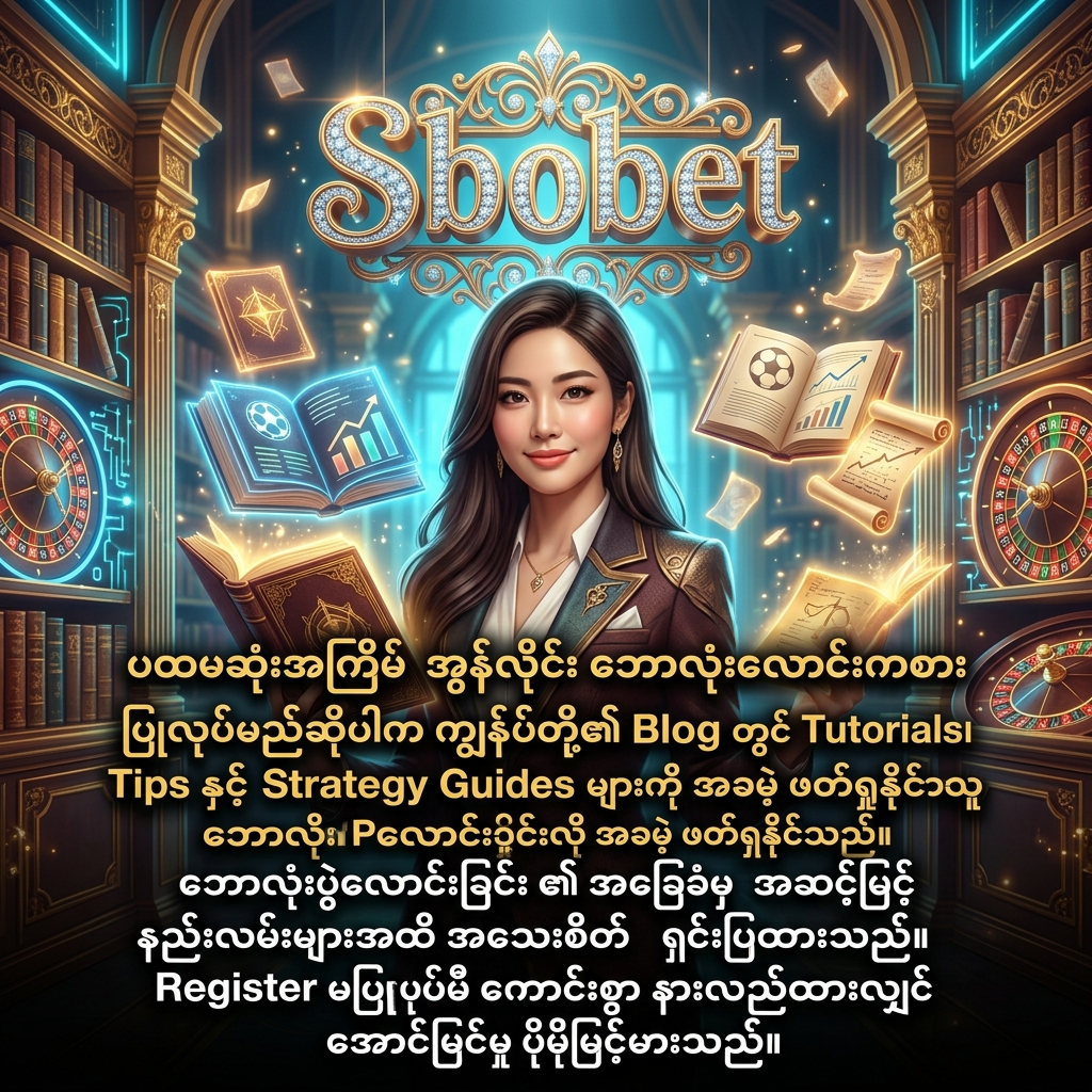 ဤပုံသည် Sbobet ၏ အခမဲ့ ဘောလုံးလောင်းကစား သင်ခန်းစာများ၊ အကြံပြုချက်များနှင့် နည်းဗျူဟာလမ်းညွှန်များကို ဖော်ပြပေးသည့် ပညာပေး ဒီဇိုင်းတစ်ခုဖြစ်သည်။ ခမ်းနားသော ကာစီနိုနောက်ခံတွင် Sbobet လိုဂိုနှင့်အတူ မြန်မာဘာသာဖြင့် ရေးသားထားသော စာသားများက အသုံးပြုသူများအား လောင်းကစားအခြေခံမှ အဆင့်မြင့်နည်းလမ်းများအထိ လေ့လာနိုင်ရန်နှင့် အောင်မြင်မှုရရှိစေရန် လမ်းညွှန်ပေးထားပါသည်။

