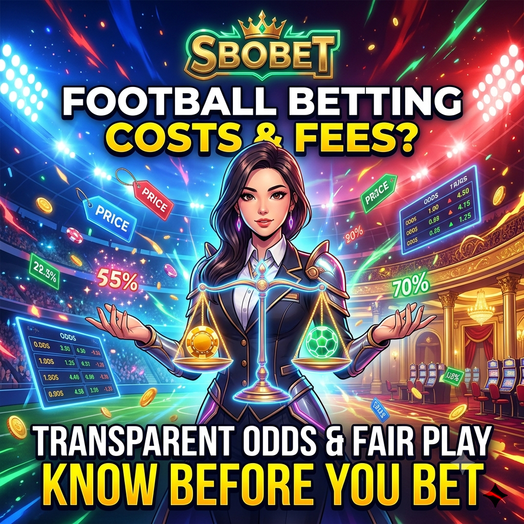Anime fantasy casino themed square promotional image featuring an Asian female presenter explaining Sbobet football betting costs, fees, and winning guarantees, surrounded by glowing odds boards, golden casino chips, vibrant stadium lights, bold readable headlines, and a luxurious gold Sbobet logo to attract attention and inform users.

