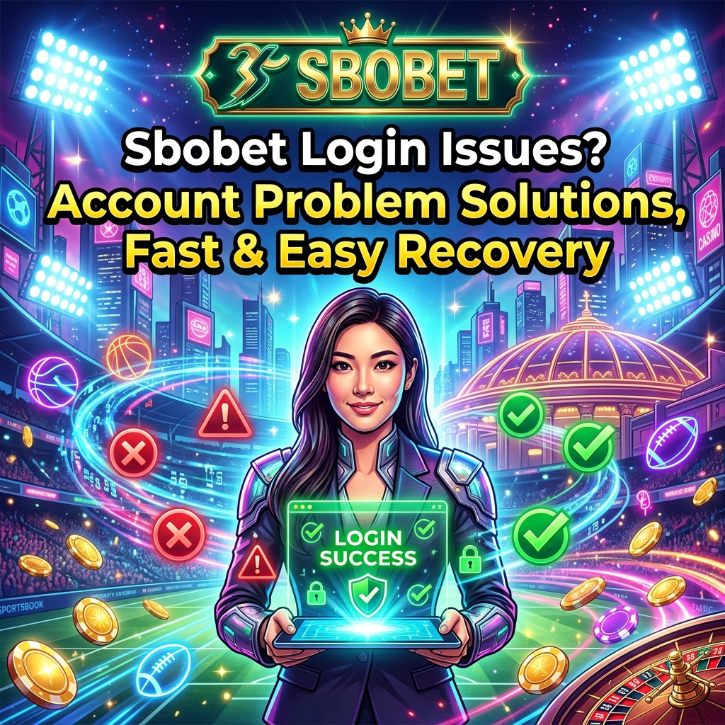 Cyberpunk fantasy casino themed square promotional image featuring an Asian female presenter resolving Sbobet login and account issues with glowing digital success icons, vibrant neon lighting, bold readable headlines, and a gold Sbobet logo emphasizing fast account recovery and secure online football betting access.

