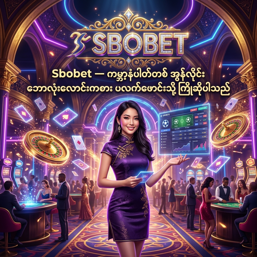A vibrant, high-fantasy casino-themed promotional image featuring a professional Asian female presenter inviting users to the Sbobet online football betting platform, complete with glowing neon graphics, luxurious golden aesthetics, and clear Burmese text headlines designed to capture attention and drive engagement for sports betting enthusiasts.

