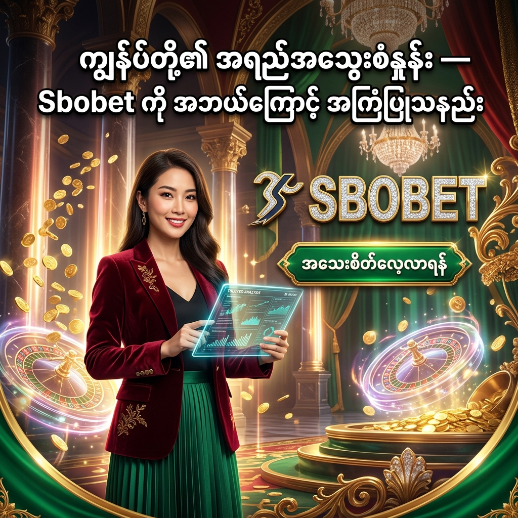 Fantasy casino ပုံစံဖြင့် ဖန်တီးထားသော စတုရန်းပုံရိပ်တွင် အာရှအမျိုးသမီး Presenter တစ်ဦးက Sbobet ကို ယုံကြည်စိတ်ချစွာ စတင်နိုင်ရန် လမ်းညွှန်ပေးနေသည့် အကြောင်းအရာကို ဖော်ပြထားပြီး အလင်းရောင်တောက်ပသော ဘောလုံးကွင်းနှင့် ကာစီနို အလှဆင်ပစ္စည်းများ၊ မြန်မာစာခေါင်းစဉ်များနှင့် ရွှေရောင် Sbobet လိုဂိုတို့ ပါဝင်ကာ ယုံကြည်မှုနှင့် စိတ်ဝင်စားမှုကို တိုးမြှင့်စေသော ဒီဇိုင်းဖြစ်သည်။

