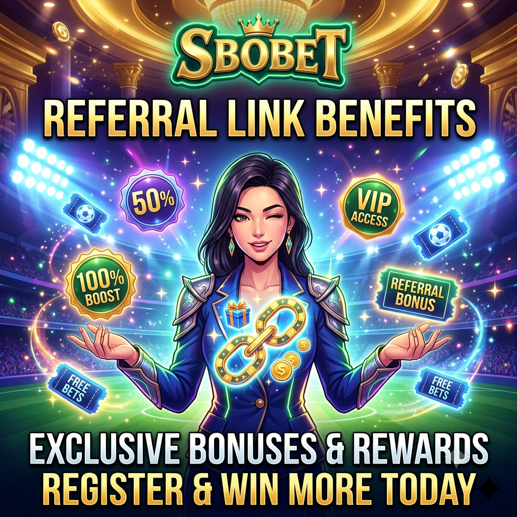 Fantasy anime casino themed square promotional image featuring an Asian female presenter highlighting Sbobet referral link benefits, exclusive bonuses, and rewards, surrounded by glowing football icons, golden casino chips, vibrant stadium lights, bold readable headlines, and a luxurious gold Sbobet logo to attract engagement.

