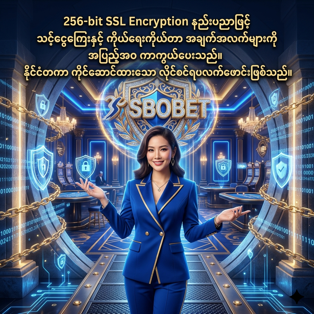 ဤပုံသည် Sbobet ၏ 256-bit SSL Encryption လုံခြုံရေးနည်းပညာနှင့် နိုင်ငံတကာအသိအမှတ်ပြု လိုင်စင်ရရှိထားမှုကို ဖော်ပြပေးသည့် စိတ်ဝင်စားဖွယ်ရာ ဒီဇိုင်းတစ်ခုဖြစ်သည်။ ခမ်းနားသော ကာစီနိုနောက်ခံတွင် အာရှအမျိုးသမီး တင်ဆက်သူနှင့်အတူ အသုံးပြုသူများ၏ ငွေကြေးနှင့် ကိုယ်ရေးကိုယ်တာ အချက်အလက်များကို အပြည့်အဝ ကာကွယ်ပေးထားကြောင်း မြန်မာဘာသာဖြင့် ရှင်းလင်းစွာ ဖော်ပြထားသည်။

