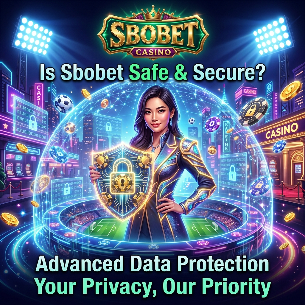 Cyberpunk fantasy casino themed square image featuring an Asian female presenter holding a glowing digital shield and lock icon, representing Sbobet security and privacy protection, with vibrant neon lighting, bold readable headlines, and a gold Sbobet logo emphasizing safe online football betting and data protection.

