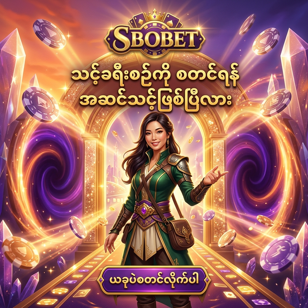 ဤပုံသည် Sbobet ၏ အွန်လိုင်းလောင်းကစားခရီးစဉ်ကို စတင်လိုသူများအတွက် ဖိတ်ခေါ်ထားသော ပုံရိပ်ဖြစ်ပါသည်။ စိတ်လှုပ်ရှားဖွယ်ကောင်းသော ကာစီနိုပုံစံ နောက်ခံတွင် အာရှအမျိုးသမီးတင်ဆက်သူက အသုံးပြုသူများကို ကြိုဆိုနေပြီး၊ မြန်မာဘာသာဖြင့် ရေးသားထားသော စာသားများက စတင်ရန်အတွက် လမ်းညွှန်ပေးထားပါသည်။

