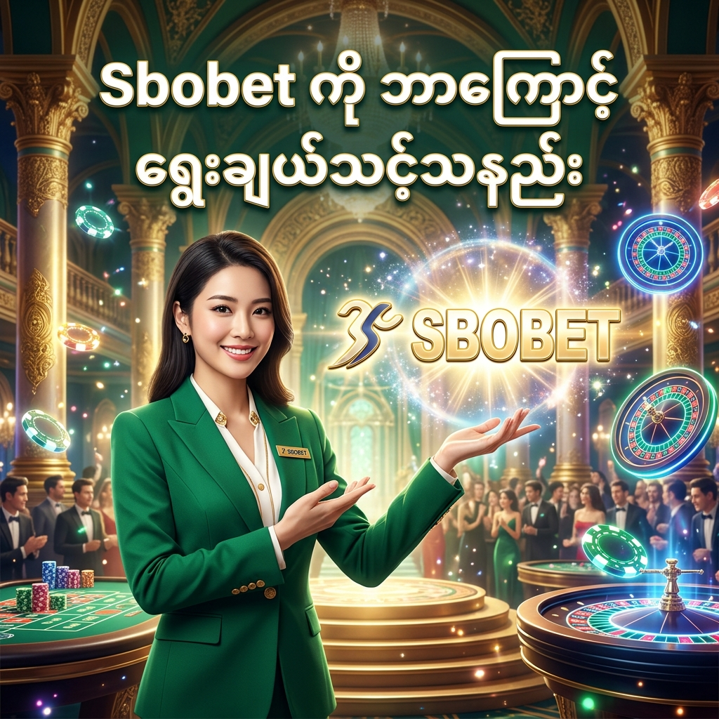 ဤပုံသည် Sbobet ပလက်ဖောင်းကို အဘယ်ကြောင့် ရွေးချယ်သင့်သနည်းဆိုသည့် အကြောင်းအရာကို ဖော်ပြပေးသည့် စိတ်ဝင်စားဖွယ်ရာ ဒီဇိုင်းတစ်ခုဖြစ်သည်။ ခမ်းနားထည်ဝါသော ကာစီနိုနောက်ခံတွင် Sbobet လိုဂိုနှင့်အတူ မြန်မာဘာသာဖြင့် ရေးသားထားသော စာသားများက အသုံးပြုသူများအား ယုံကြည်စိတ်ချရမှုနှင့် အရည်အသွေးမြင့်မားမှုကို ပြသပေးပြီး ဆွဲဆောင်မှုရှိစေရန် ရည်ရွယ်ထားပါသည်။


